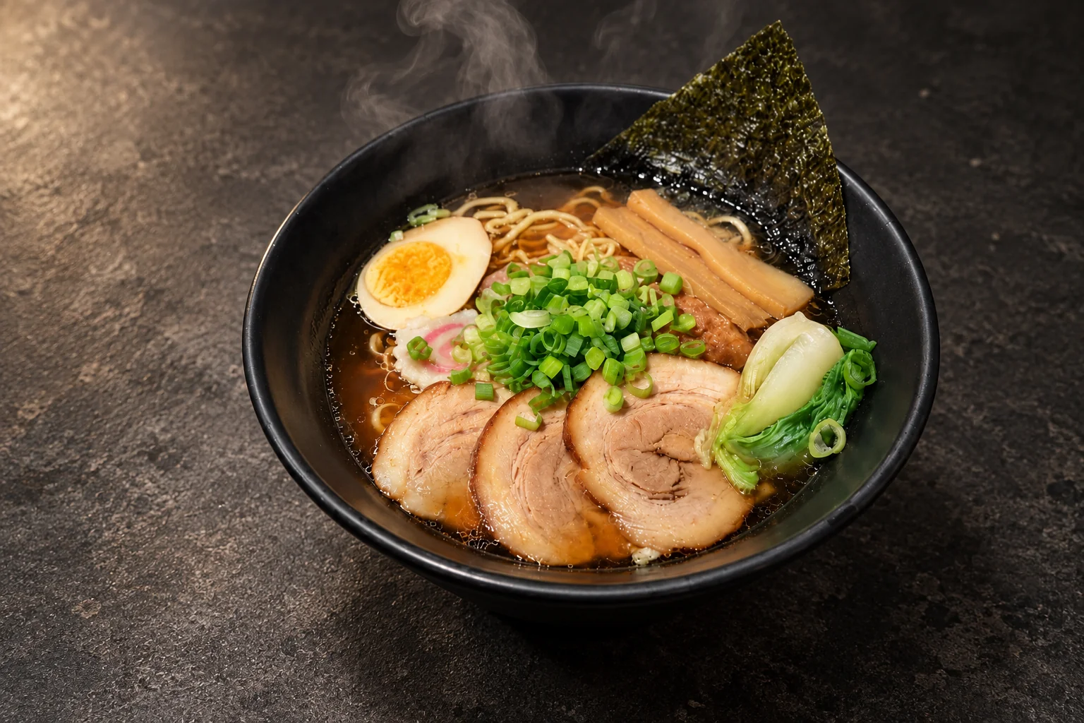 Black bowl of ramen: chashu pork slices, soft-boiled egg half, chives, bamboo shoots, pak choi and nori.