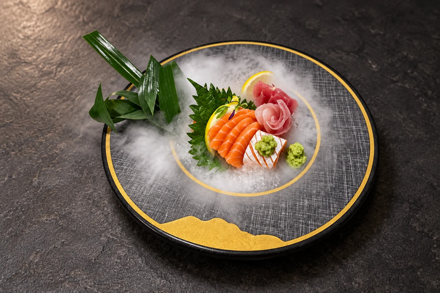 Round black and gold plate: salmon, tuna and sea bream sashimi, shiso leaf, wasabi and smoking ice.