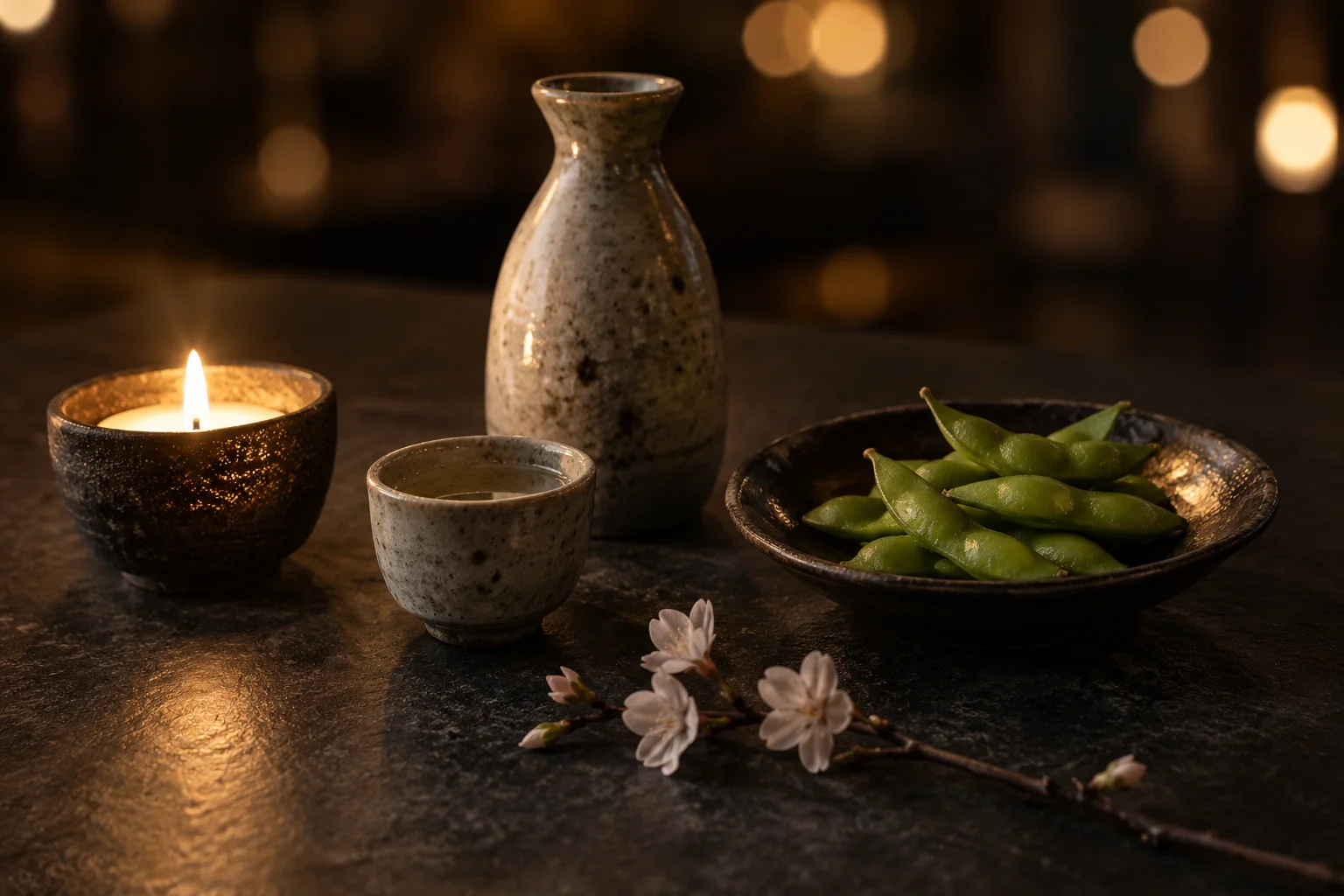 Candle, sake flask and edamame on a dark table, warm light.
