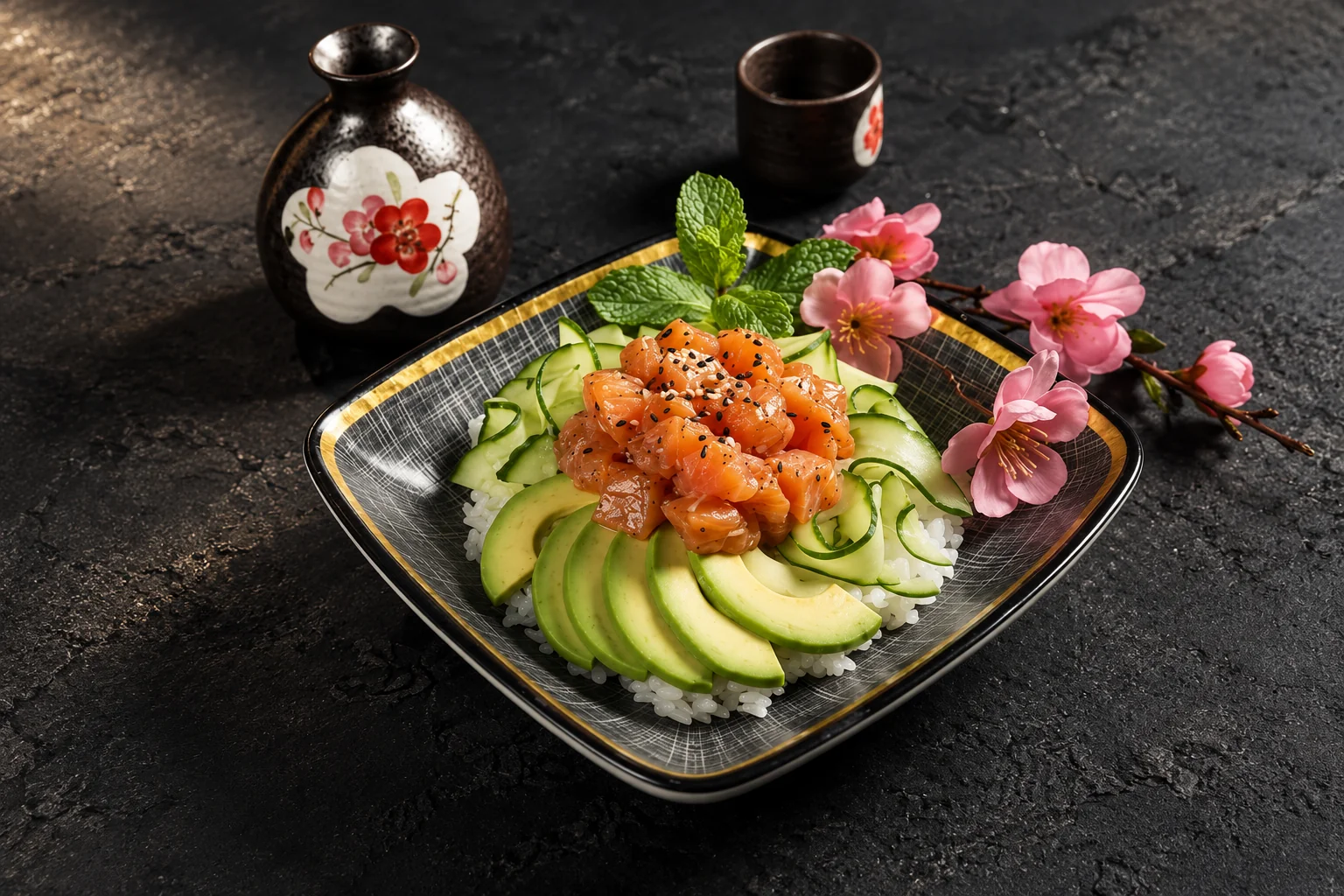 Salmon and avocado poké bowl in a square dish, with a sake flask and cherry blossoms.