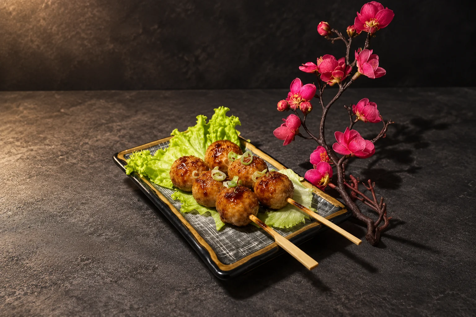 Glazed chicken meatball skewers on lettuce, cherry branch on the right.