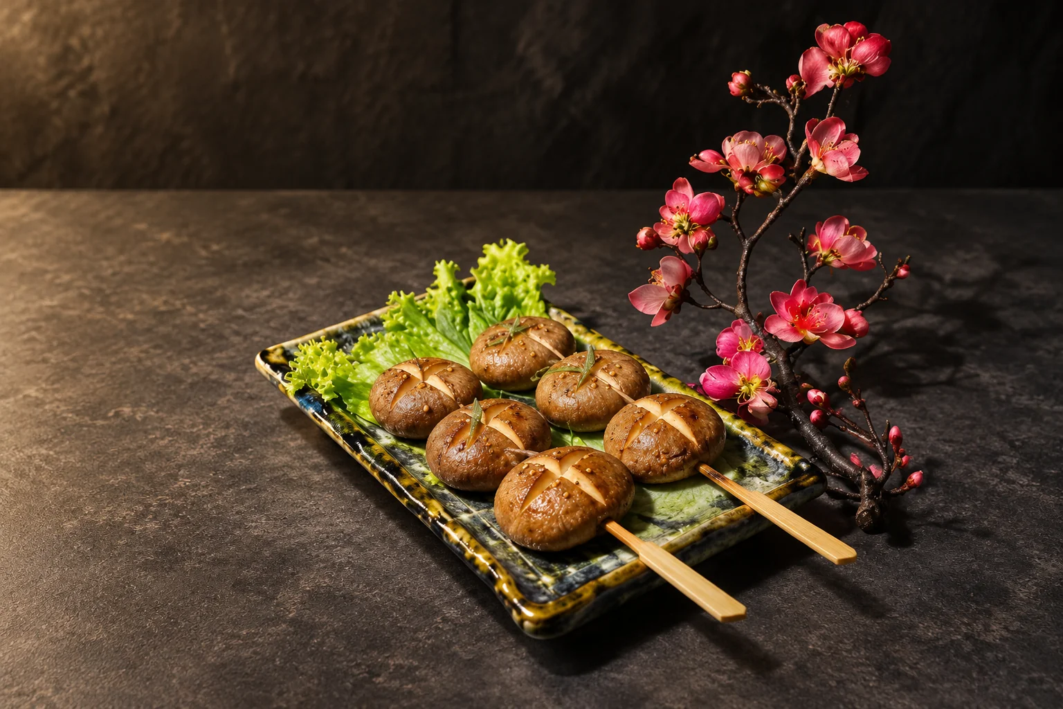 Grilled mushroom skewers on a plate, with a flowering branch.
