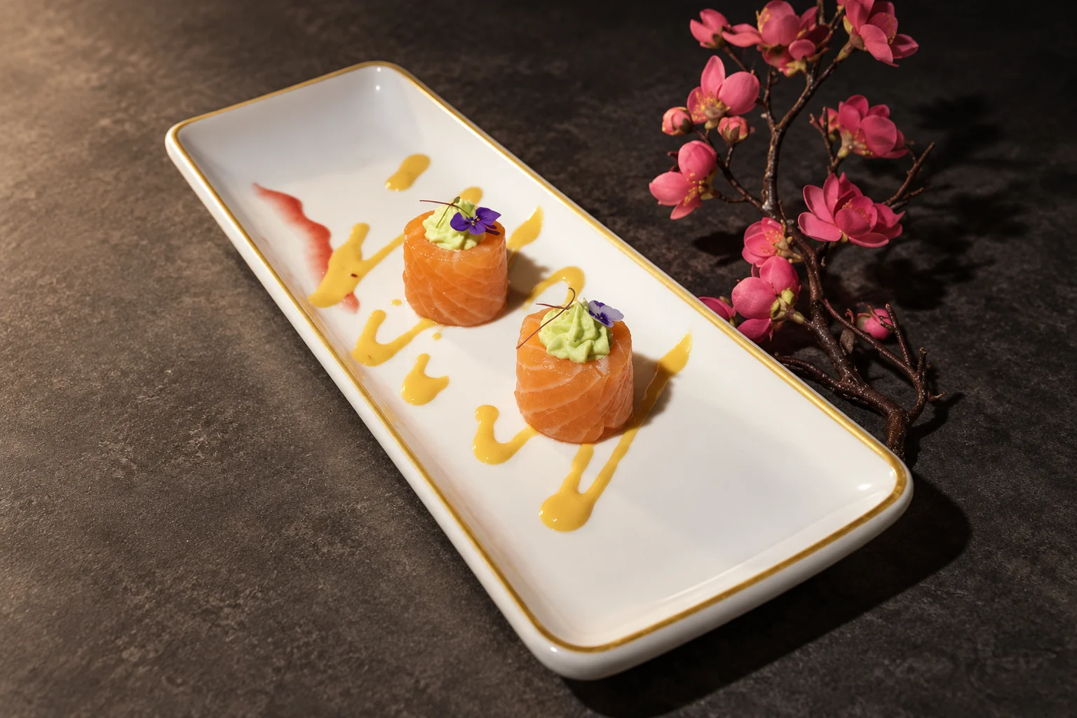 Two salmon rolls on a long white plate, with yellow sauce lines.