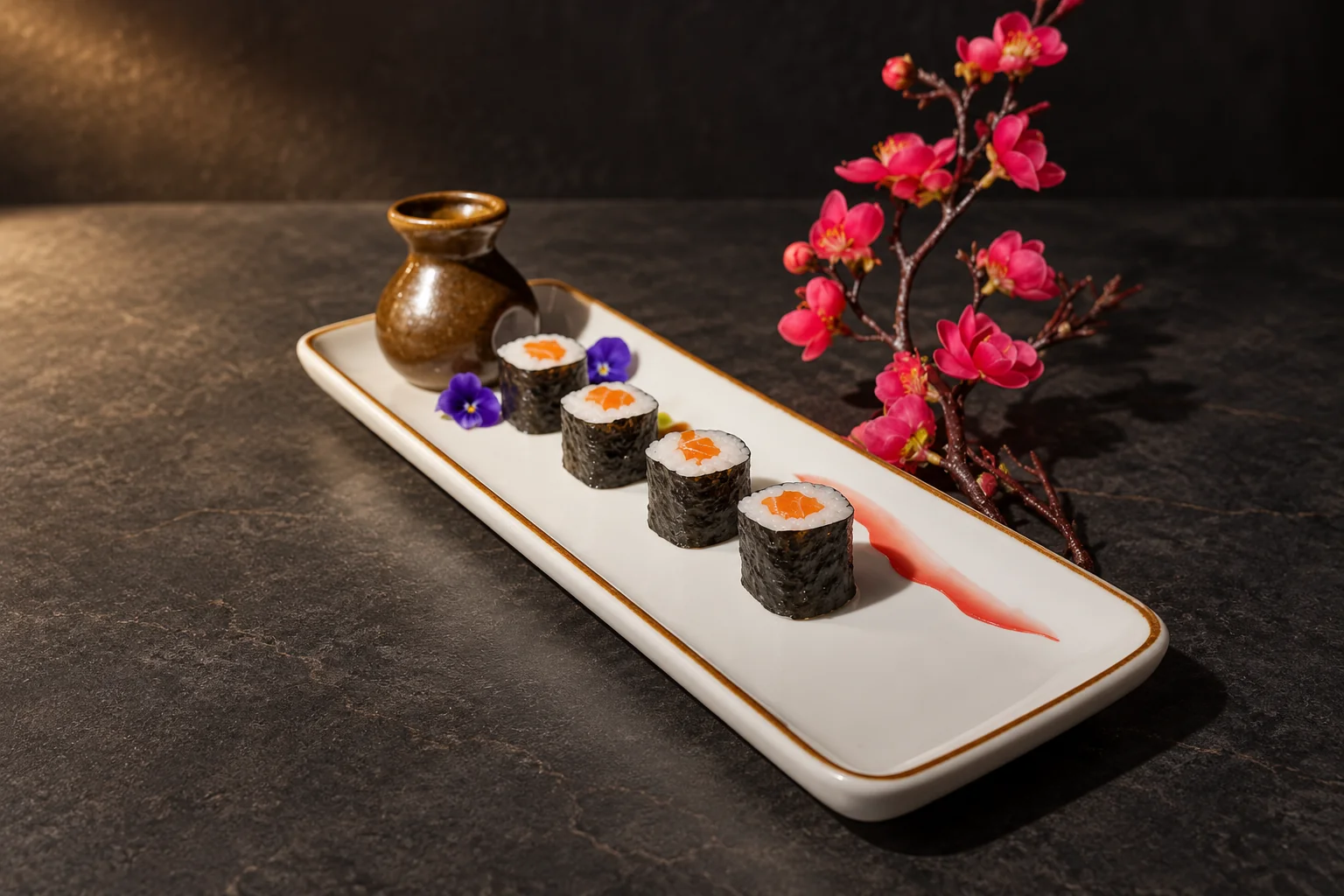 Four salmon makis on a white plate, with a sake flask and a cherry branch.