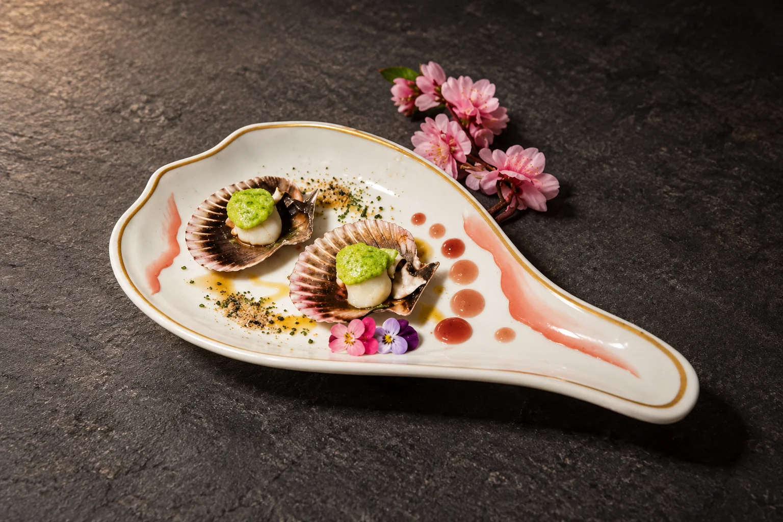 Two scallops in their shells on a spoon-shaped white plate.