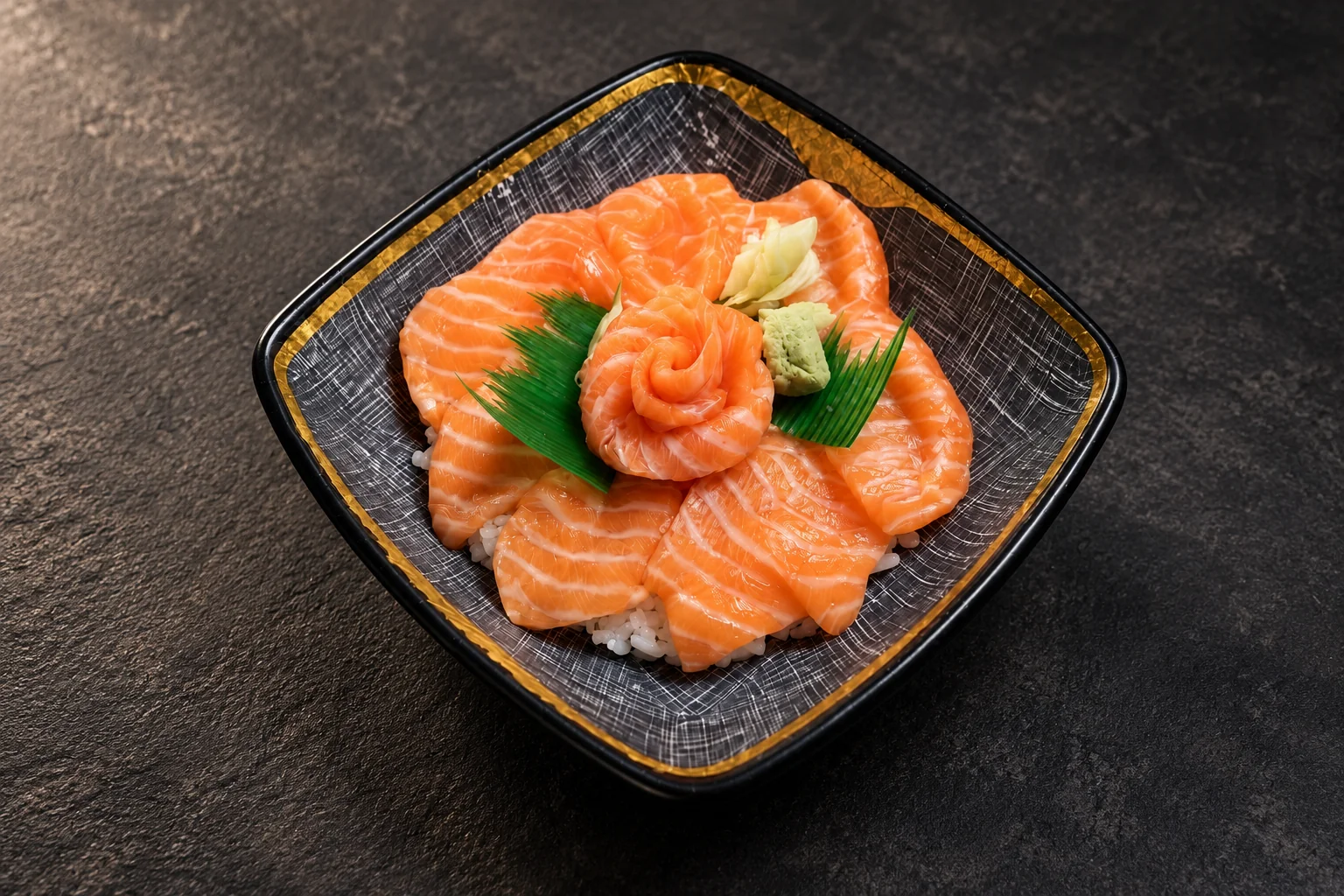 Square bowl of chirashi: raw salmon slices shaped into a rose, on vinegared rice.